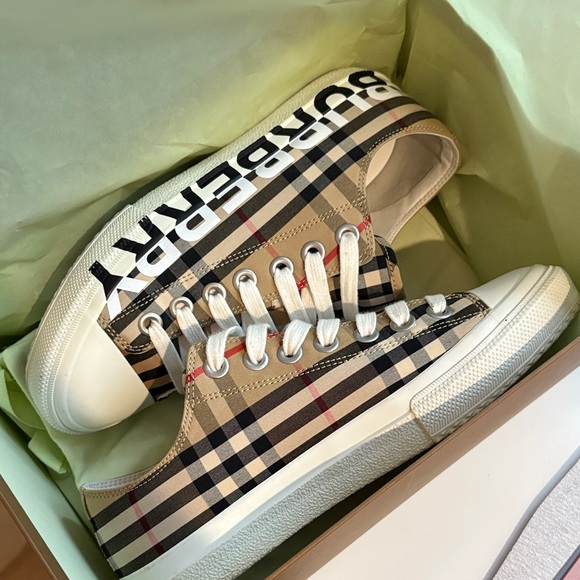 Burberry Shoes - Burberry Women's Checkered Sneakers - Beige and Black
